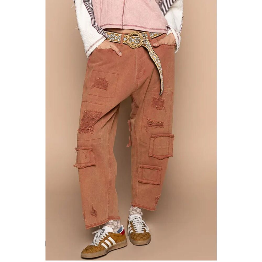 POL Distressed Cropped Patchwork Details Raw Hem Wide Leg Pants in Rust Size S